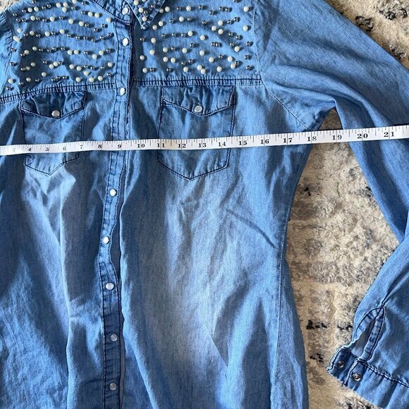 Big Dart Embellished Pearl Rhinestone Denim Shirt Hi Low Tunic Medium - Picture 8 of 10